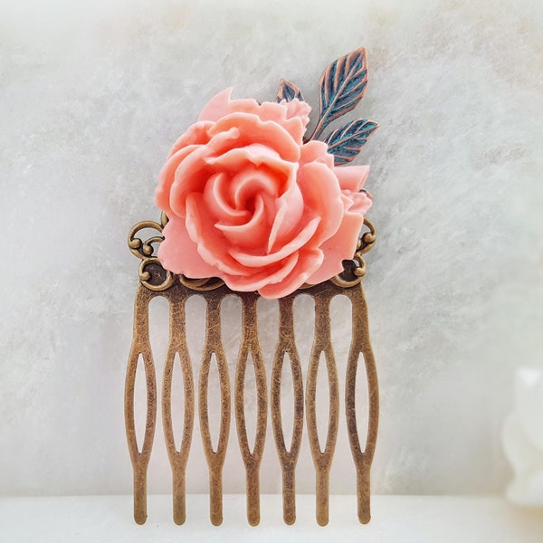 Pink Rose Hair Comb, TURQUOISE PATINA LEAF, Coral Flower Haircomb, Slide, Teal Barrette, Wedding Hair Flower, Turquoise Hair Clips, H2045