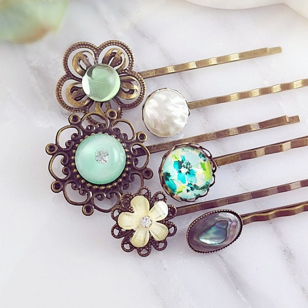 GREEN BOBBY PINS Set of 6 Decorative Hair Clips Celestial Galaxy Crystal Hairpins, Floral Braid Accessory, Ivory Pearl Accessory H4123C