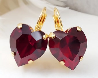Large Red Heart Earrings Big Ruby Red Crystal Dangles, Gold Bright Red Garnet Heartshaped Drops Simple Romantic Valentine Jewelry Big E3639