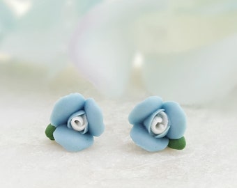 BLUE Porcelain Flower Studs, Small Victorian Rose Earrings, Romantic Floral Jewelry Present for Her, Cornflower Blue Rosebud Gift E8002