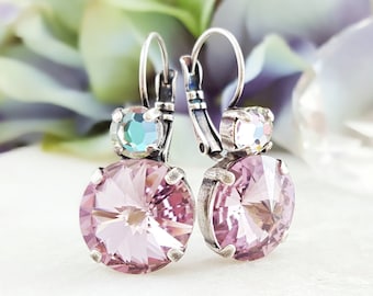 Alexandrite Crystal Earrings PURPLE RHINESTONE EARRINGS, Dangling Round Lilac Drops, Amethyst European Dangles, Iridescent Jewelry E3093