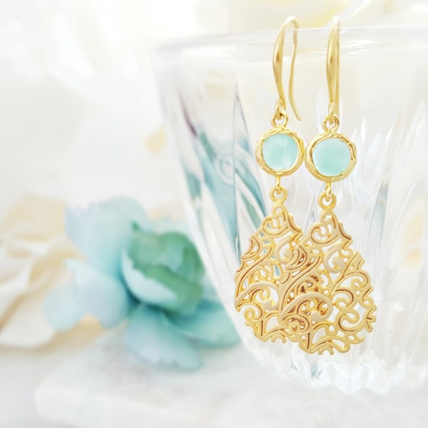 MINT GREEN EARRINGS Matte Gold Teardrop Dangles, Crystal Bridal Drops, Bridesmaid Jewelry, Dangling Blue Opals, Filigree Tear Drops E2444