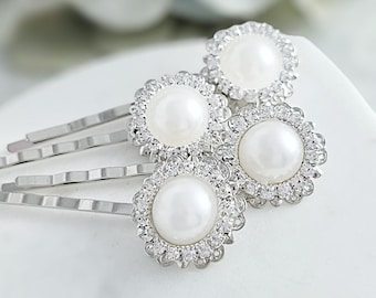 Custom Bridal Pearl Hair Pins CHOOSE YOUR COLOR Crystal Bobby Pins, White Pearl Decorative Hair Accessories, Silver Wedding Barrette, H4258
