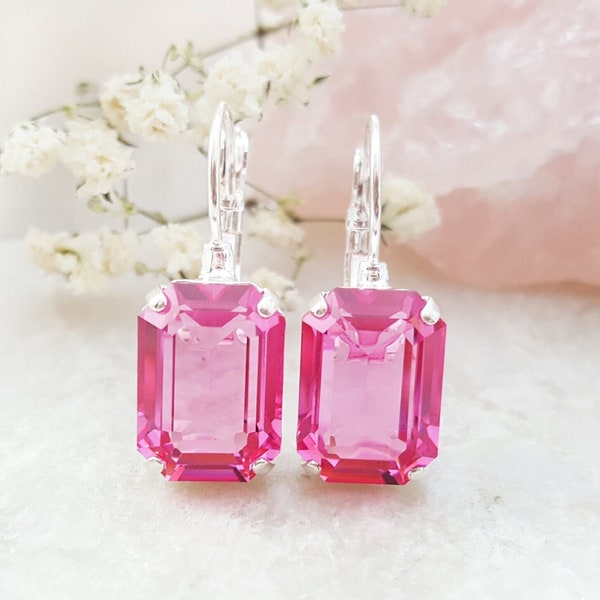 PINK CRYSTAL EARRINGS Silver or Gold Rose Tourmaline Drops, Sapphire or Emerald Rectangle Baguette Dangles, Blue Statement Droplets E3056A