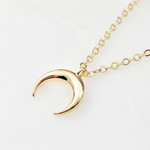 May include: A gold crescent moon pendant necklace with a delicate chain.