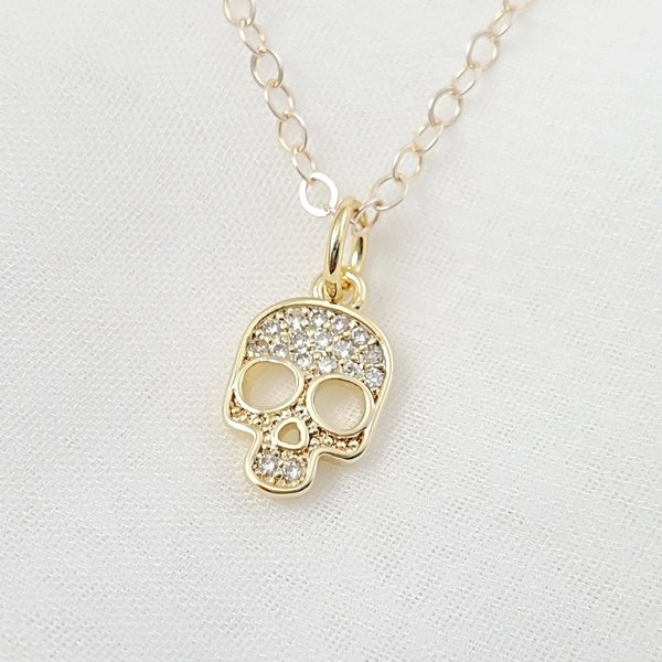 DIAMOND SKULL NECKLACE, Gold Skull Pendant, Clear Cubic Zirconia Crystals, Day of the Dead Jewelry, Gothic Cz Halloween Gifts for Her N5880H