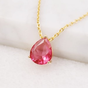 Gold Ruby Teardrop Necklace or Amethyst Purple Pendant, Matching Crystal Studs, Pink CZ Jewelry Set, Tourmaline Birthstone Present N5138