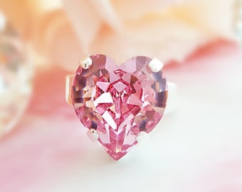 PRETTY PINK Heart Ring Big Silver Statement Rose Tourmaline Crystal, Chunky Pink Diamond Heart Ring, Rhinestone Valentine's Day Gift R2002