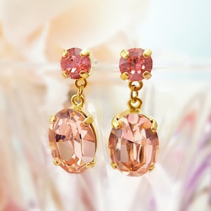 BLUSH PINK CRYSTAL Dangling Earrings Gold Morganite Peach Drops, Orange Rhinestone Dangles, Light Rose Pink Bridesmaid Jewelry Gifts E3469