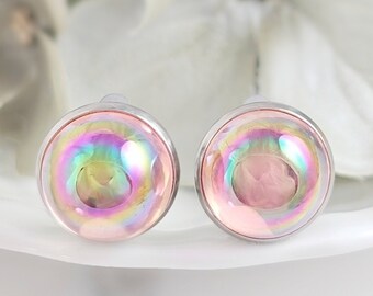 PENDIENTES CLIPON DE PLATA de cristal de melocotón vintage, tachuelas redondas de color rosa rubor sin perforar, clips de cabujón, pendientes grandes de color melocotón sin perforar CL1069