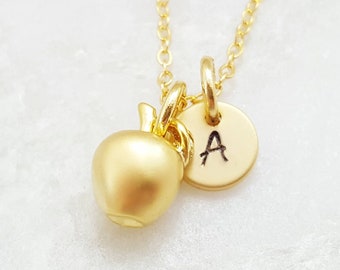 GOLD APPLE NECKLACE Silver or Rose Gold Apple Charm, Stamped Gift for Teacher, Golden Apple Fruit Jewelry, Matte Gold Initial Pendant N5807