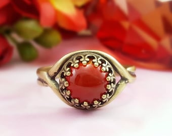 RED CARNELIAN RING, Dark Burgundy Gemstone Stackable, July Ruby Birthstone Jewelry Gifts for Her Antique Brass Adjustable Crown Bezel R5022