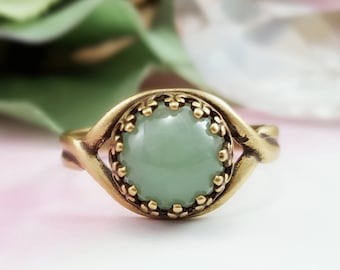 AVENTURINE RINGS, GREEN Jade Gemstone Cabochon Jewelry Gifts for Her, Antique Bronze Stacking Solitaire Ring, Boho Sage Green Gem R5018