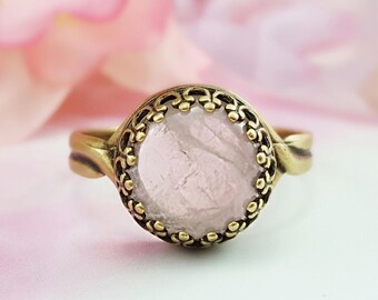 ROSE QUARTZ RINGS Bronze or Silver Pink Gemstone Jewelry Gift, Round Crystal Cabochon Gem Crown Bezel Antique Silver or Bronze Band R5012