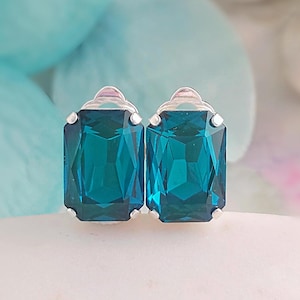 Women's Clip-On Earrings Large Blue Zircon or Tanzanite CRYSTAL BAGUETTE Non-Pierced Stud Silver December Birthstone, Emerald Cut CL1048