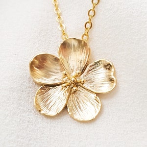 GOLD FLOWER NECKLACE Cherry Blossom Charm Pendant, Matte Gold Hibiscus Floral Jewelry Gift Big Lily Boho Layering Botanical Necklace N5202