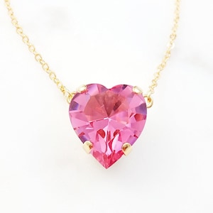 Pink Heart Necklace BIG GOLD PINK Sapphire Crystal Heart Pendant, October Rose Tourmaline Jewelry, Romantic Valentine's Day for Her N3114