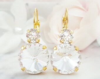 ROUND DIAMOND EARRINGS Gold Bridal Party, Choose Finish, White Rhinestone Drops, Dangling Clear Droplets, Wedding Party Jewelry Gifts E3592