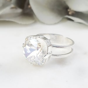 DIAMOND CRYSTAL RING Silver Cushion Cut Ring, Big Square Stone, Adjustable Open Band, Sparkly Halo Rhinestone Statement, Bling Gifts R2068A