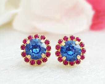 RED and BLUE STUDS Gold Ruby Earrings, Navy Sapphire Crystal Clusters, Indian Pink and Cornflower Rhinestone Jewelry, Fuchsia Stones E3323