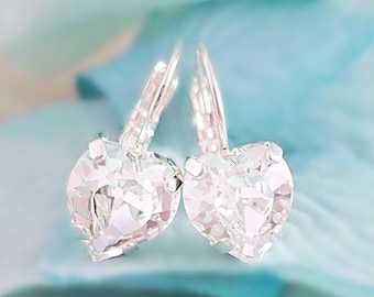 Diamond Heart Earrings DANGLING CLEAR CRYSTAL Drops, Heart-Shaped Dangles, Romantic Jewelry Gifts for Her, Valentine Present for Wife E3286