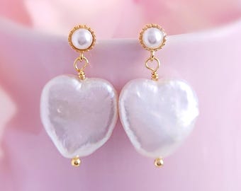 Freshwater Pearl Heart Earrings Gold Dangling White Pearl Drops, Heartshaped Pearl Dangles for Brides, Gold Pearl Studs with Hearts E5543