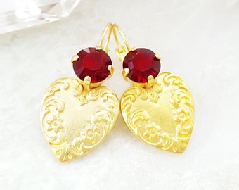 RED HEART EARRINGS Victorian Pink or Red Crystals, Gold Heart Earrings, Fiance Gift for Her, 2nd or 7th Anniversary, Self Care Gift E3391