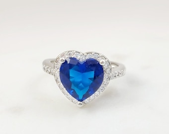 SAPPHIRE HEART RING, Silver Blue & Diamond Cubic Zirconia Crystals, Heart-Shaped Promise, Navy Bridal Party Something Blue Bride Gift R2109