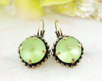 MINT GREEN EARRINGS Dangling Dark Gold Peridot Crystal Drop Earrings, Round Lime Dangles, August Birthstone Gift, Ladies Sage Jewelry E9403