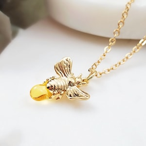 GOLD-FILLED HONEYBEE Necklace 16K Gold Honey Bee Pendant, Yellow Teardrop Jewelry, Tiny Queen Bee Drop, Small Boho Yellow Gold Gift N5123