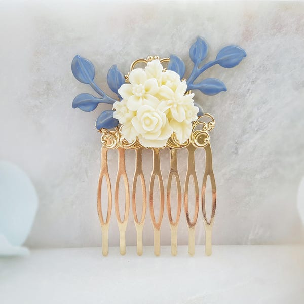 IVORY BRIDAL HAIR Comb, Something Blue Bride, Burgundy Wedding, Ivory Rose Haircomb, White Flower Side Slide Cinderella, Blue Leaf H2039