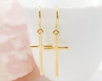 CROSS EARRINGS, GOLD Dangling Christian Crosses, Religious Jewelry Gifts for Her, Confirmation Earring, Small Boho 16K Gold Dangles E5601