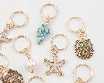 Seashell & Pearl HAIR RINGS 4 Gold Hair Charms, Ocean Beach Braid Jewelry, Dred Loc Beads, Blue Conch Clam Shell, Freshwater Pearls HR1001