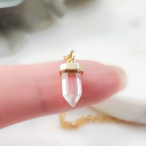 GOLDFILLED Necklace with Crystal Rock Quartz Pendant, Clear Diamond Prism Jewelry, Tiny Faceted Gemstone Drop Small Dangling Boho Gem N5114