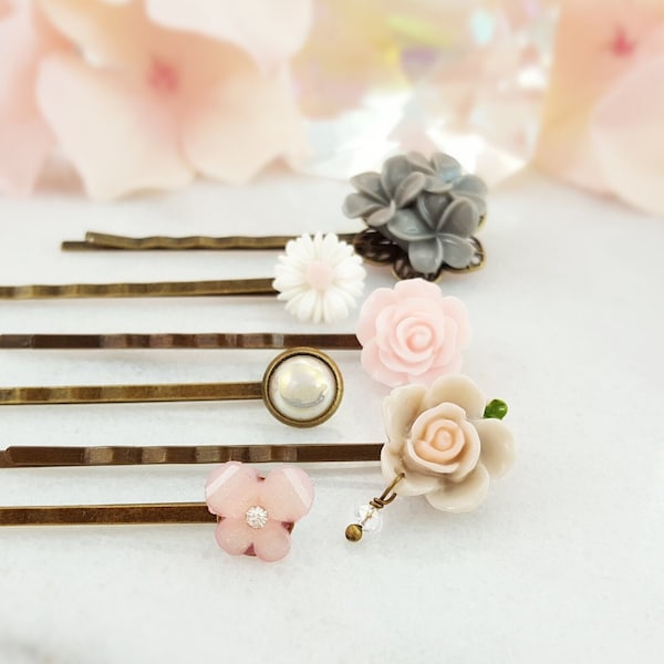 PINK BOBBY PIN Set of 6, Grey Flower Hair Clip, White Daisy Slide, Decorative Blush Rose Accessory, Vintage Ivory Cream Pearl Hairpin H4041