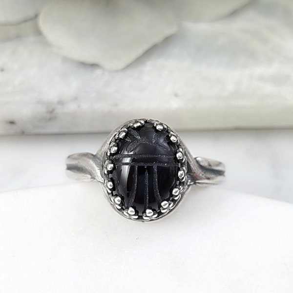 Egyptian Scarab Ring BLACK ONYX RING, Jet Black Gemstone Ring, Vintage Oval Victorian Ring, Antiqued Silver Artisan Jewelry Gifts R5049A
