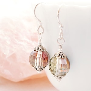 IRIDESCENT CRYSTAL EARRINGS Sterling Silver Aurora Borealis Dangles, Round Faceted Drops, Dangling Rainbow Peacock Prism Earrings M1006A