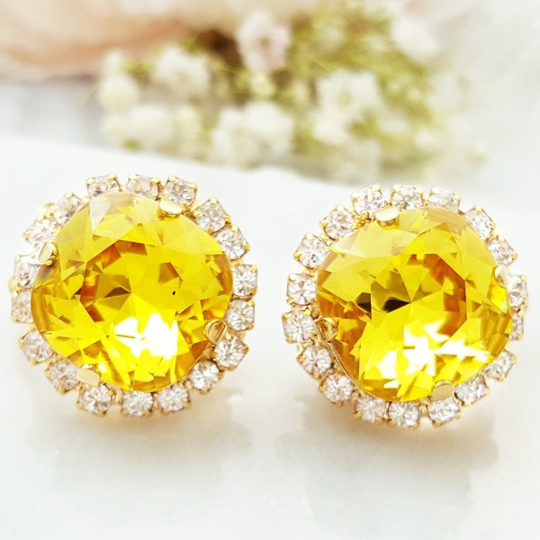 SQUARE Yellow Clipon Earrings, Gold Citrine Studs, Lavender or Red Crystal Studs, Non-Pierced Big Topaz Earrings Square Red Birthstone E3619