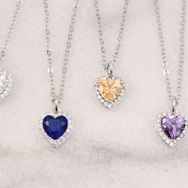 Heart Necklace Sapphire Blue Cubic Zirconia Diamond, Champagne Crystal Heartshaped Jewelry Gifts, Personalizable Amethyst Valentine N2025A