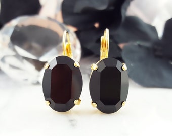 Black Crystal Earrings FORMAL EVENING JET Black Oval Stones, Large Gold Rhinestone Jewelry Gift, Ladies Dangle Earrings E3559