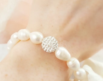 Baroque Pearl Bracelet Bridesmaid Bracelet Freshwater Pearls Baroque Irregular Shaped Pearl Imperfect, Crystal Diamond Pave Disco Ball B2015