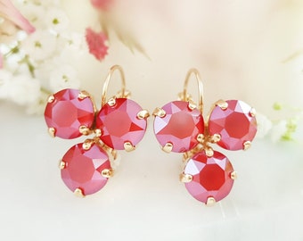 Red Crystal Dangle Earrings DANGLING ROSE GOLD Bright Ruby Rhinestone Drop Earrings, Orange Coral Clusters, July Birthstone Jewelry E3886