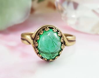 Vintage Glass Ring, EMERALD GREEN RING or Rose Pink Oval Ring or Sapphire Blue Swirly Glass Cabochon, Marbled Crystal, Bronze Ring R5004