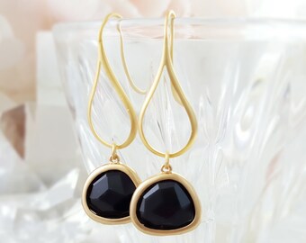 Black Crystal Earrings - Black Glass Earrings - Jet Rhinestone Jewelry - Matte Gold Dangle Earrings - Black Gold Teardrop Earrings E2516