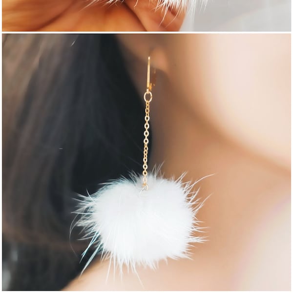 GOLD POM-POM Earrings Furry Puffs White, Black, Pink, Beige or Lime Green Dangling Faux Fur Balls, Ladies Jewelry Gifts, Fuzzy Earring E5599