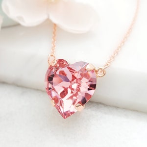 Pink Heart Necklace Rose Gold BIG PINK SAPPHIRE Crystal Heart Pendant, October Tourmaline Jewelry Gifts, Romantic Valentine for Her N3505