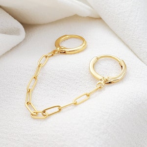 Double Piercing Huggies Connected Hoops GOLD PAPERCLIP CHAIN Earring, Dangling Gold Huggy, Trending Minimalist Topselling Dangle, E5566