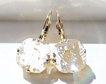 Clear Crystal Earrings Gold SPARKLY DIAMOND DANGLES Choose Your Shape - Octagon, Round, Teardop, Oval, Square, April Birthstone Gift DD1000