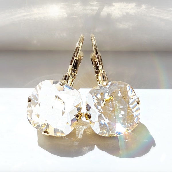 Clear Crystal Earrings Gold SPARKLY DIAMOND DANGLES Choose Your Shape - Octagon, Round, Teardop, Oval, Square, April Birthstone Gift DD1000