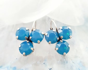 Blue Drop Earrings SLATE BLUE CRYSTAL Cluster Dangles, Turquoise Birthstone Earrings, Gemsicles Dark Silver Blue Leverback Earrings E3160